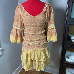 BAROK NJ Couture Paris Boho Smocked Peasant Dress Yellow Floral Cotton Size M